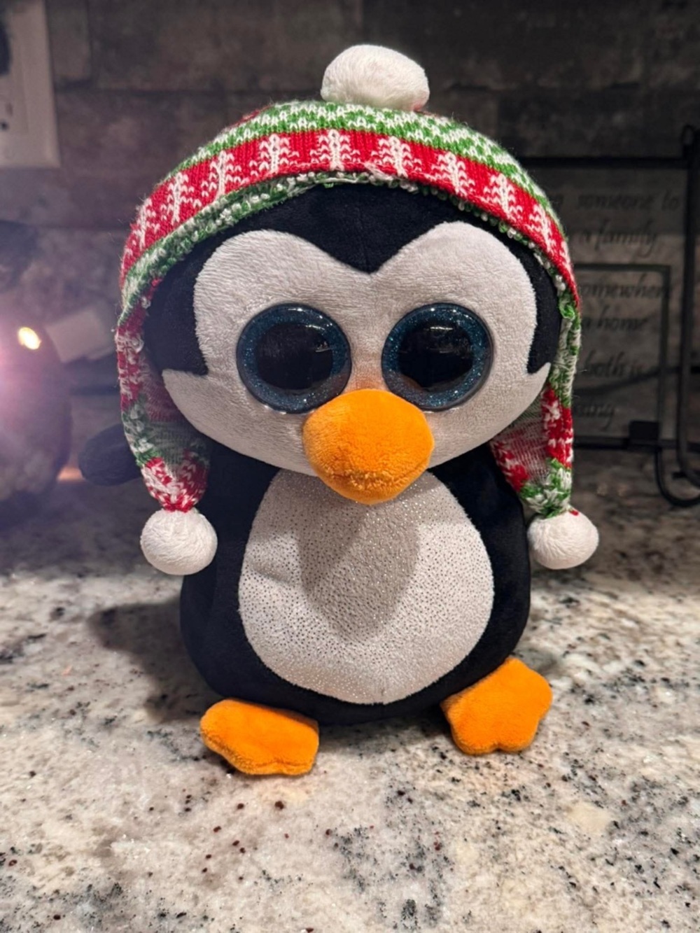 TY Vintage beanie boo Plush Penguin with Holiday Knit Hat - 9in tall